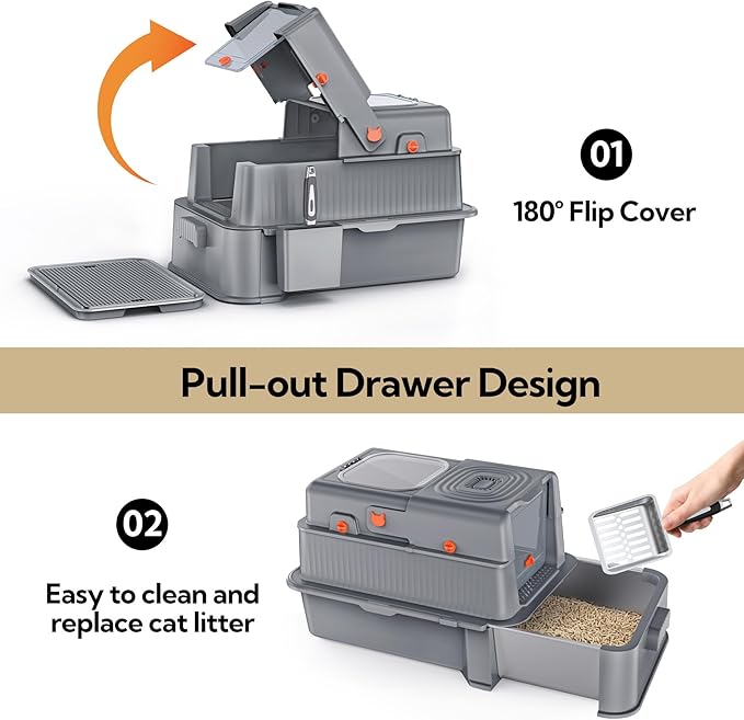 Soulbond Stainless Steel Cat Litter Box with Lid, Enclosed Large Metal Litter Box with Drawer and Flip Door for Big Cats, Top Entry, Odor Control, Easy to Clean (Grey)