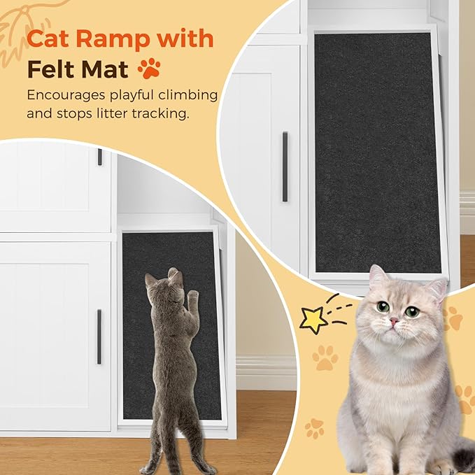 Litter Box Enclosure for 2 Cats, Hidden Litter Box Furniture with Scratch Pad, Double Litter Boxes Enclosure, Wooden Cat Washroom, Indoor Cat House End Table, White and Black CWBB3201