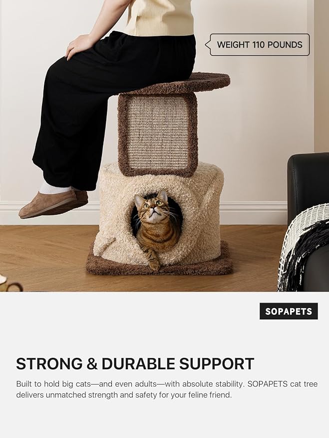 Modern Cat Tree for Large Cats, 40 Inch Solid Wood Cat Tower & Luxury Condo for Indoor Cats Adult, Heavy-Duty Cat Tree for Maine Coon, Stable Multi-Level Scratching Post, Cozy Perch & Hideaway, Brown