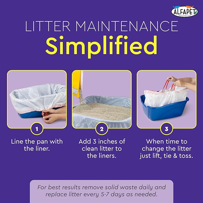Alfapet Extra Large cat Litter Box Liners-6 Boxes- Heavy Duty 2 mil Thick Plastic, Clever Drawstring Liner for Easy Disposal- Flat Bottom for Easy, Secure Placement in Kitty Pan-Disposable