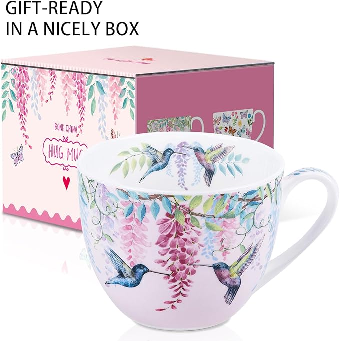 Spring Hummingbird Hug Mug - 20oz Pink Bone China Coffee Tea Mug with Floral Vine & Fluttering Hummingbirds, Thoughtful Gifts for Mom Women Mothers Day, Designed in England by Harvest Green Studio