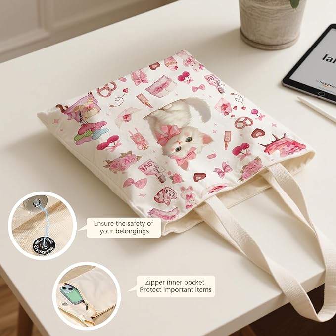 Aesthetic Canvas Tote Bag for Women - with Magnetic Snap Closure & Zipper Inner Pocket Reusable Bag for Shopping