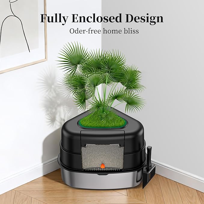 XXL Stainless Steel Corner Cat Litter Box with Lid, Enclosed Hidden Plant Litter Box with Artificial Plant, Easy-Clean Covered Decorative Litter Box for Large Cats, Black