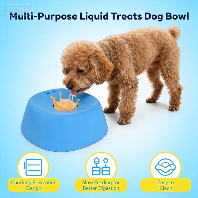 Slow Feeder Dog Bowl with Ball, Anti-Slip for Dogs Cats, Interactive Licking Toy for Liquid Treats Yogurt Bone Broth, Puppy Post Surgery Feeding Supplies (Blue)