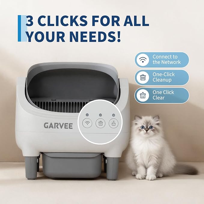Garvee Self Cleaning Litter Box, Open-Top Automatic Cat Litter Box with APP Control, Odor-Free Waste Disposal Includes Trash Bags, 10.5L Large Waste Bin, for Multiple Cats, White/Grey