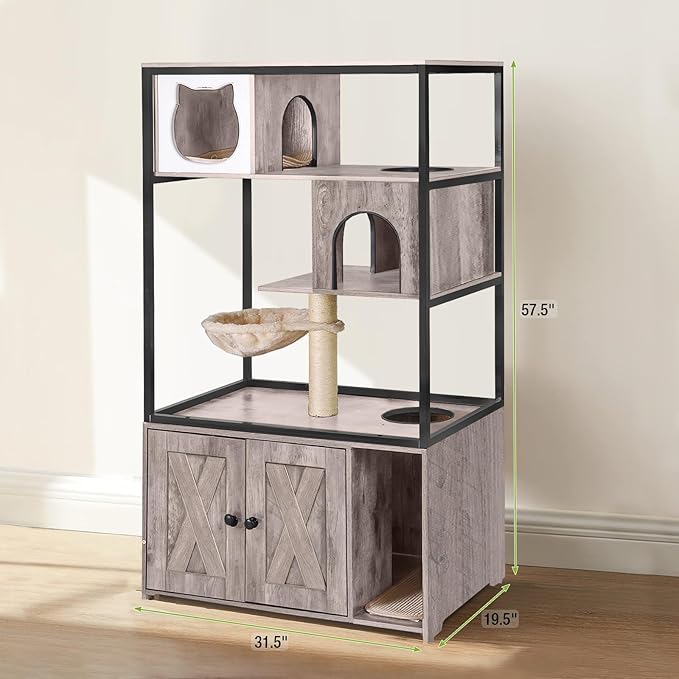 GUTINNEEN All-in-One Cat Litter Box Enclosure Hidden Litter Box Furniture with Cat Tree, Scratching Post, Cozy Cat Cave, Hanging Hammock, Storage Cabinet, Durable & Space-Saving (Grey)