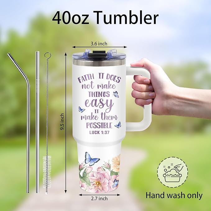 Christian Gifts for Women 40oz Faith Prayer Tumbler with Handle and Straws, Stainless Steel Insulated Travel Coffee Mugs, Leak-Proof, Inspiring Religion Birthday Biblical Pastor Appreciation Gifts Cup
