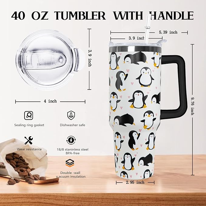 Ceovfoi 40 Oz Penguin Tumbler With Handle, Coffee Travel Mug Cup Water Bottle, Penguin Decor and Gifts for Women