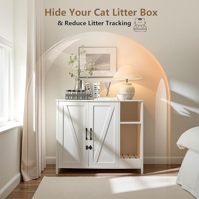 Litter Enclosure with Litter Collector, Litter Cabinet with Dog-Proof Adjustable Shelf, for Placing Cat Robot 3/4, Power Outlet (Cloud White)