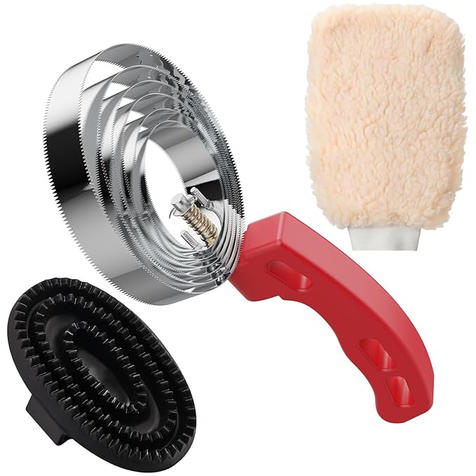 Curry Comb Kit, 6 Ring Curry Comb & Rubber Brush & Horse Grooming Mitts, Curry Comb Kit for Grooming Horses, Dogs, Goats, Cattle, Cow, Donkey Supplies