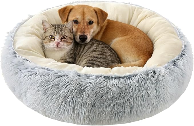 Calming Donut Dog Bed Cat Bed, Fluffy Long Fur Outer & Short Fur Inner, Sweat-Free Cozy Cuddler, Non-Slip Bottom,for Small Medium Dogs Cats Puppy Kitten (Donut Bed - Grey, Medium 19.7 Inches)