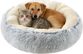 Calming Donut Dog Bed Cat Bed, Fluffy Long Fur Outer & Short Fur Inner, Sweat-Free Cozy Cuddler, Non-Slip Bottom,for Small Medium Dogs Cats Puppy Kitten (Donut Bed - Grey, Medium 19.7 Inches)