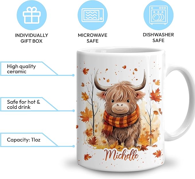 Hyturtle Personalized Fall Highland Cow Maple Leaves Coffee Mug - Birthday Gifts For Cow Lovers - Fall Autumn Decor Gifts For Farmhouse Thanksgiving - Custom Name 11oz White Ceramic Coffee Tea Mug