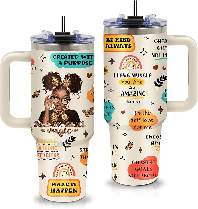 Black Girls Gifts for Women - 40oz Black Girls Tumbler with Handle and Straws Stainless Steel Insulated Travel Mugs, Leak-Proof, Inspiration Gifts for African Black Women Birthday Christmas Water Cups