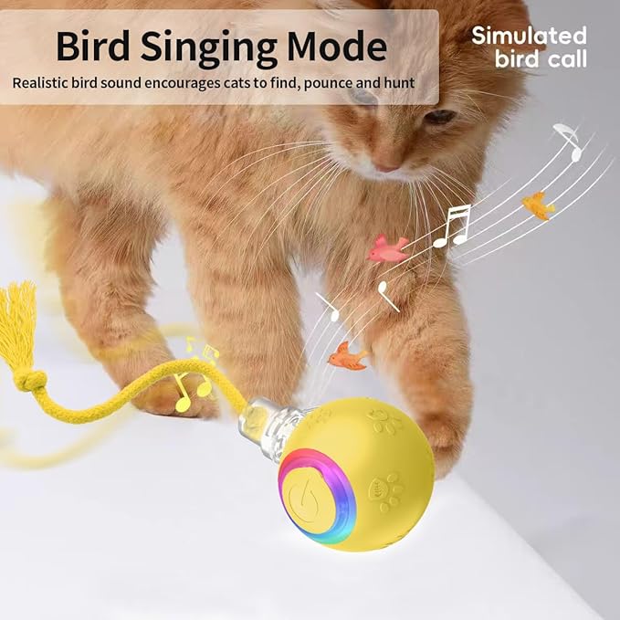 Interactive Cat Toys, Automatic Moving Cat Toys for Bored Indoor Adult Cats, Fast Rolling, Chirping & Motion-Activated Kitty Toys, Fun Gift for Cats with Speedy Tail 2.0, USB Rechargeable (Yellow)