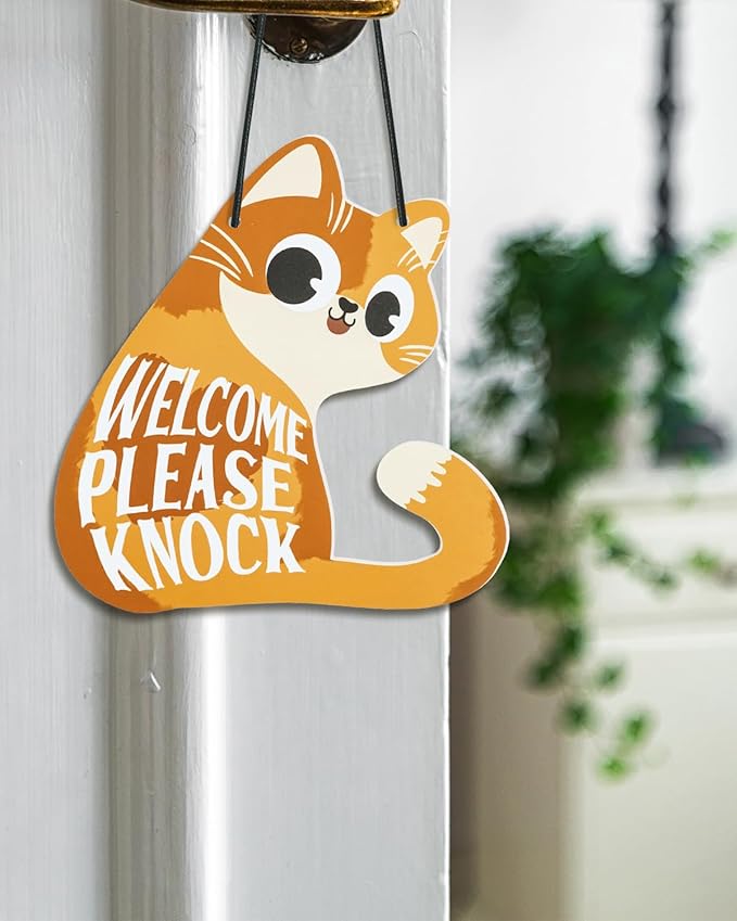 Putuo Decor Do Not Disturb Sign Welcome Please Knock, Cute Cat Door Sign Decor Reversible Double Sided Aesthetic Hanger Plaque for Room Front Door Porch Home Decor, Cat Lover Gifts Orange
