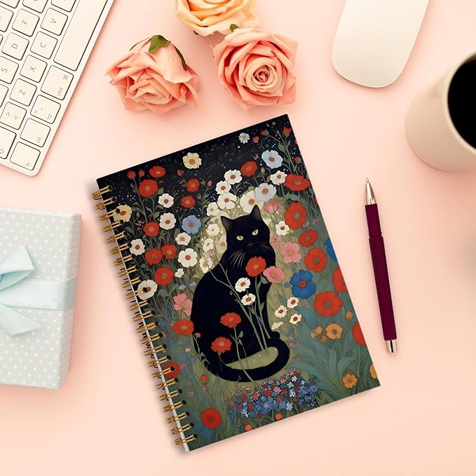 Black Cat Notebook, Moody Floral Botanical Cat Journal for Writing, Black Cat Lovers Gifts for Women, Cottagecore Aesthetic Spiral Notebook 5.5x8.3 Inch