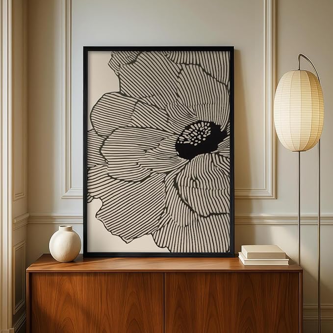 Abstract Black and Beige Flowers Canvas Wall Art, Neutral Floral Lines Poster, Modern Minimalist Floral Wall Decor, Boho Botanical Sketch Art Print for Living Room Bedroom 16x20in Framed