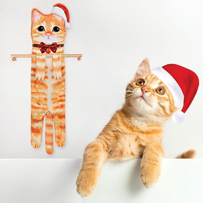 Funny Hand Towels for Bathroom Kitchen Decor - Cute Cat Hanging Hand Towel Kitchen Gadgets - Unique Housewarming Birthday Christmas Cat Lover Gift Ideas for Women Mom Lady Adults