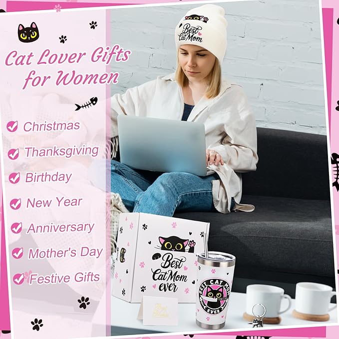 6 Pcs Cat Mom Gifts for Women Include Cute Cat Beanie 20 Oz Tumbler Greeting Cards Keychain Storage Bag Gift box for Birthdays Mother's Day Christmas