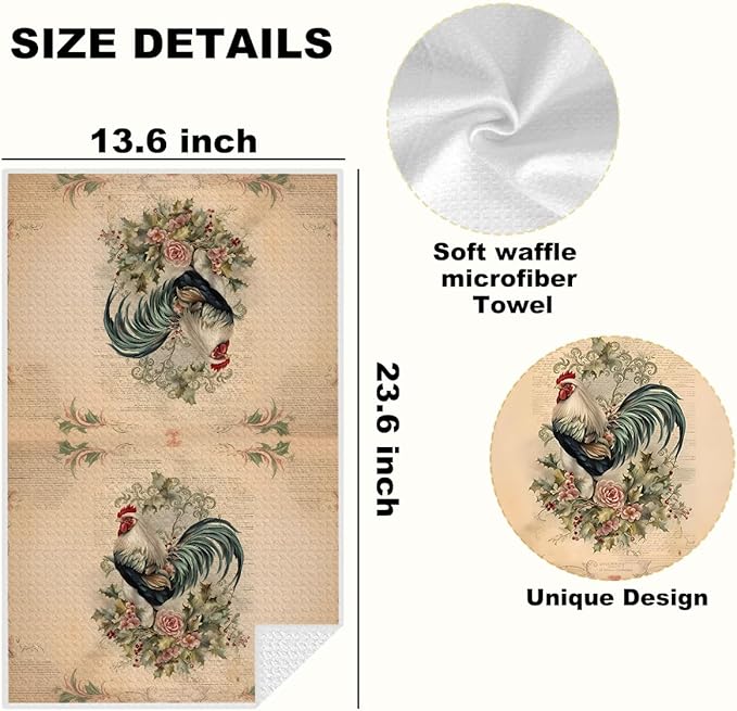 Lovdazzles Vintage Rooster Kitchen Towels, Rustic Decorative Absorbent Microfiber Dish Cloth Tea Towel, Chicken Waffle Soft Hand Towels for Farmhouse Home Bathroom Kitchen Decor, Rooster Gifts