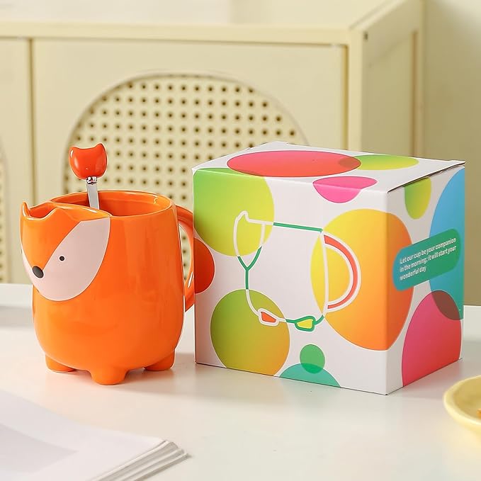 Yuwu 17oz Fox Mug with Built-in Tea Bag Holder and Spoon-Cute Glossy Ceramic Animal Tea Cup for Kids, Women, Girls-Gift for Autumn, Birthday, Christmas (orange)
