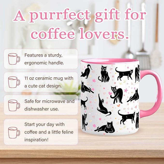 Black Cat Mug 11 Oz Cute Ceramic Coffee Tea Cup for Women, Funny Cats Lover Gift for Christmas, Birthday, Housewarming - Gifts for Her, Mom, Cat Ladies, Kids and Friends