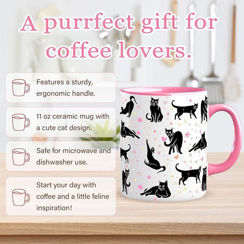 Black Cat Mug 11 Oz Cute Ceramic Coffee Tea Cup for Women, Funny Cats Lover Gift for Christmas, Birthday, Housewarming - Gifts for Her, Mom, Cat Ladies, Kids and Friends