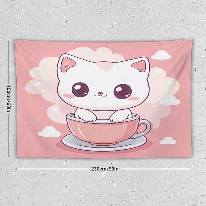 Kawaii Cat Tapestry As Wall Art Cute Kitten Cat Meow Tapestry Aesthetic Landscape Tapestry Wall Decor for Bedroom Living Room Dorm 60"x90" Wall Hanging for Home Decor Bedroom Living Room Dorm Decor
