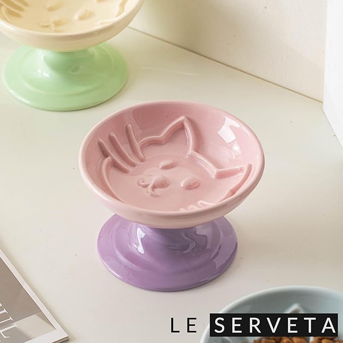 Elevated Twisting Design Cat Food Slow Feeder, Ceramic Raised Cat Dishes with Decorative Twisting Design Stand, Macaron Colors, Slow Feed Design (Yellow Green)