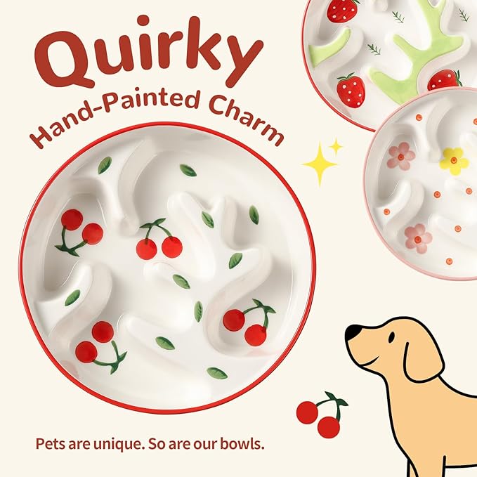 Ceramic Slow Feeder Dog Bowl - Portion Control Feeding Bowl for Medium Dogs – Cute Maze Food Dish for Fast Eaters - 3.1 Cups (310 g) - Doodle Series (Petal)