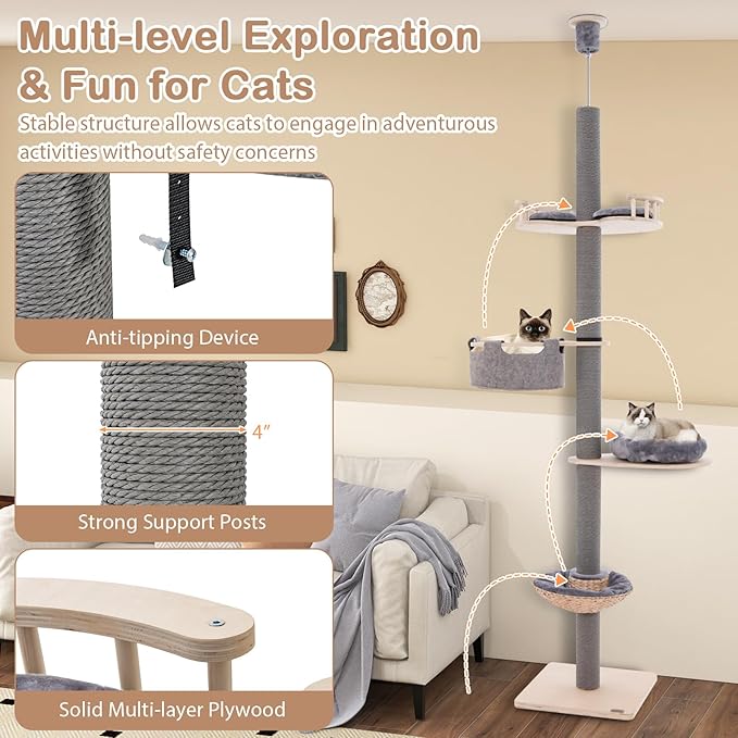Tangkula Floor to Ceiling Cat Tree, Tall Cat Tower with Adjustable Height (93-107 Inch) for Large Cats, 5 Tier Cat Climbing Pole with Scratching Post, Cattail Basket Bed, Hammock for Indoor Cats