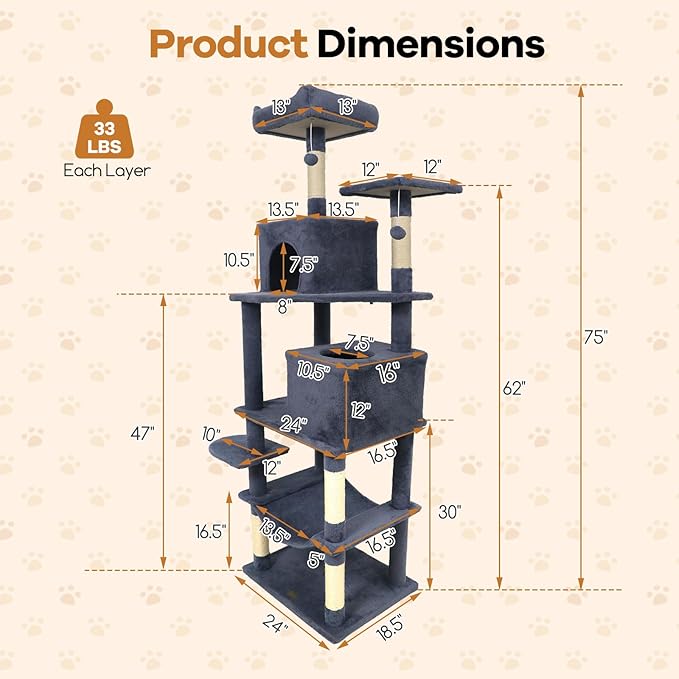DORTALA 75" Tall Modern Cat Tree, Multi-Level Cat Tower with Large Condos, Sisal Scratching Posts, Top Perch, Hammock, Dangling Balls, Kitten Beds & Climbing Furniture for Indoor Cats (Grey)