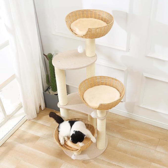 SHENGOCASE Modern Cat Tree Tower, Wooden Condo, 3 Large Rattan Wicker Basket Beds, Window Perch for Cats up to 20 lbs