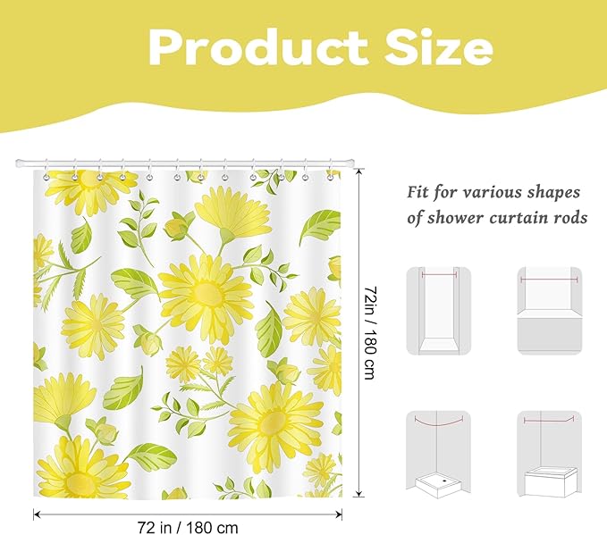 Yellow Daisy Floral Shower Curtain,Spring Summer Sunflower Botanical Waterproof Polyester Fabric Bath Curtain with 12 Hooks,Bright Aesthetic Flower Bath Decor, 72 x 72 Inch