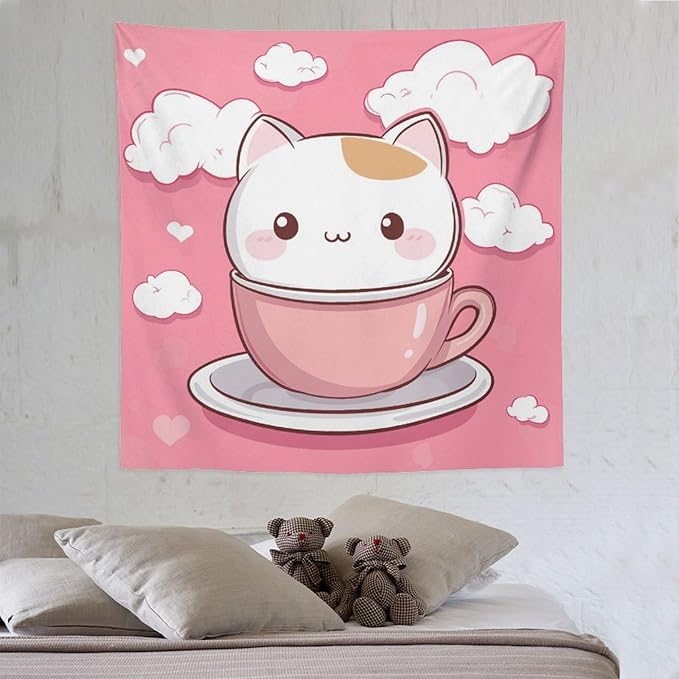 Tapestry Kawaii Cat Wall Art Tapestry for Bedroom Aesthetic Cute Cat Kitten Wall Tapestries Wall Hanging for Bedroom Landscape 60"x60" Wall Hanging for Home Decor Bedroom Living Room Dorm Decor