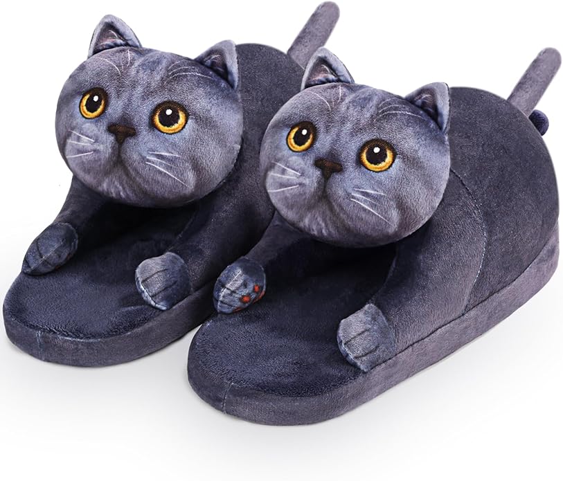 Funny Cat Slippers for Women,Fuzzy Animal Indoor House Shoes with Soft Memory Foam,Comfy Plush Warm Slip-on Slippers,Cat Gifts for Cat Lover