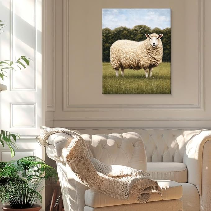 Vintage Sheep Wall Art Decor Country Landscape Sheep Print Picture Cottagecore Wall Decor for Home Farmhouse Living Room 8x10 Inch Canvas Framed