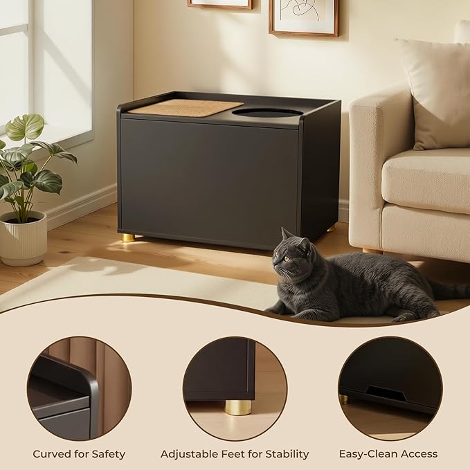 Top Entry Litter Box Enclosure, Flip Top Cat Litter Box Furniture with Scratch Mat, Stylish Hidden Cat Washroom for Large Cats (Black)