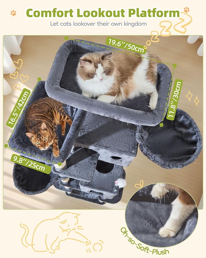 Taoqimiao Cat Tree Tower, 76-Inch Sturdy Cat Tree for Indoor Cats Large Adult Cat Tower with Scratching Posts，2 Condos, 2 Perches, 2 Large Hanging Baskets, Soft Hammock, MS046G Smoke Gray
