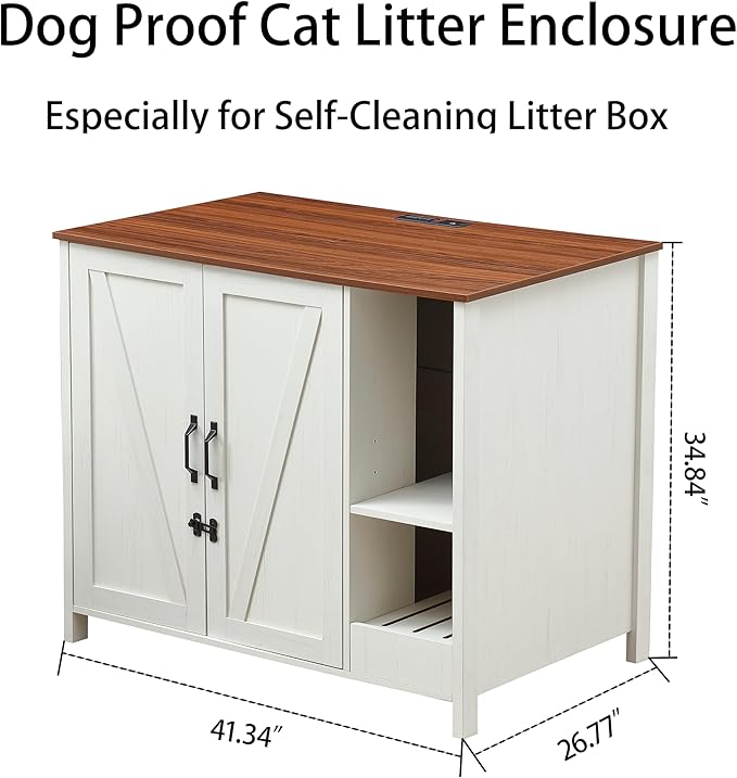 Large Cat Litter Enclosure with Litter Collector, Enclosure for self-Cleaning Litter Boxes,Adjustable Shelf for Dog Proof,Outlet,Locks Added for cat,Cat Washroom Cabinet,Antique White
