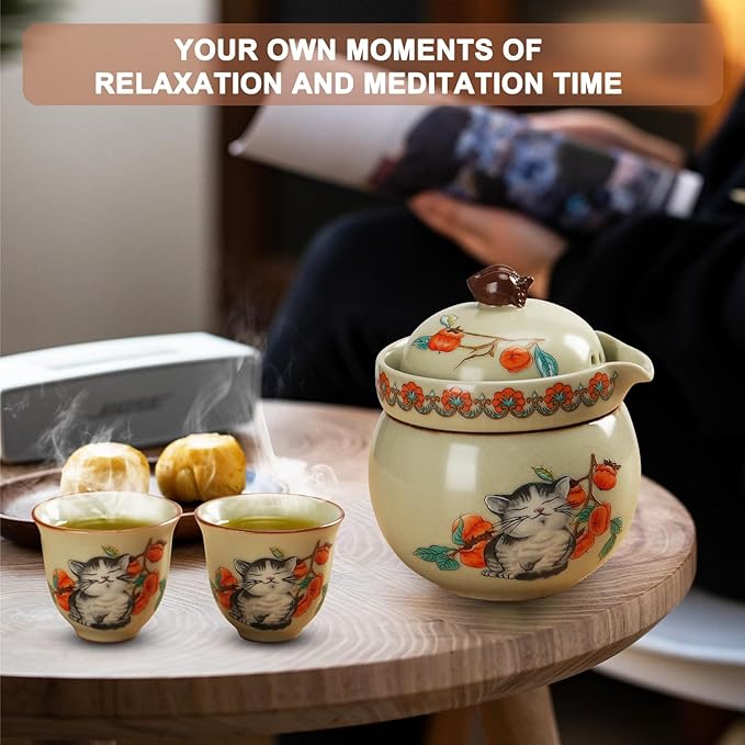 Mini Tea Cups,Cute Lucky Cat Cups,Small Tea Mugs,Porcelain Gongfu Tea set with 3 in 1,Tea Sets for Adults,Ceramic Tea Infuser Cup for Loose Leaf for Women/Tea Lovers/Birthday/Mother's Day (Green)