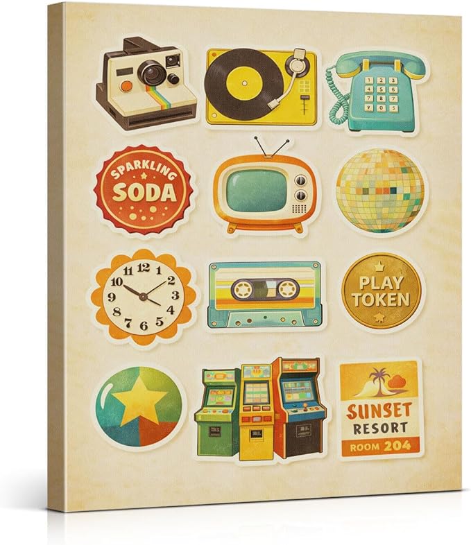 Retro Nostalgic Canvas Wall Art Vintage 70s Objects Print Painting Retro Wall Decor for Home Living Room Bedroom 8x10 Inches Framed