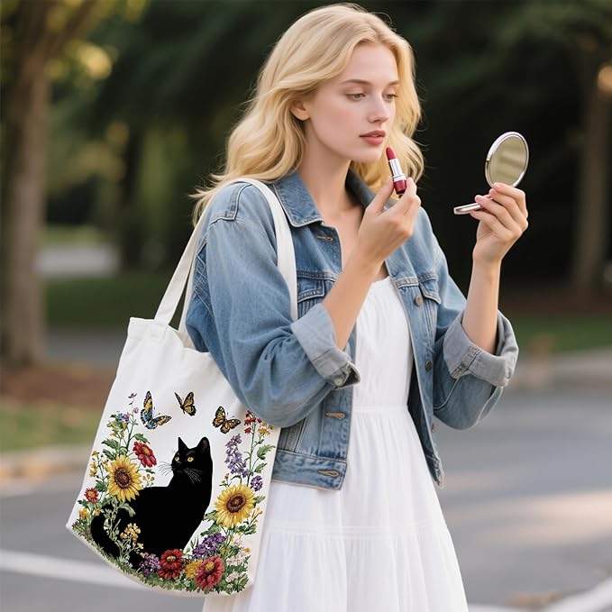Aesthetic Canvas Tote Bag for Women - with Magnetic Snap Closure & Zipper Inner Pocket Reusable Bag for Shopping