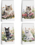 4 Pcs Watercolor Cat Kitchen Towels, Pastoral Flower Decorative Absorbent Microfiber Dish Cloth Tea Towel, Waffle Soft Hand Towels for Farmhouse Home Bathroom Kitchen Decor, Cat Lover Gifts for Women