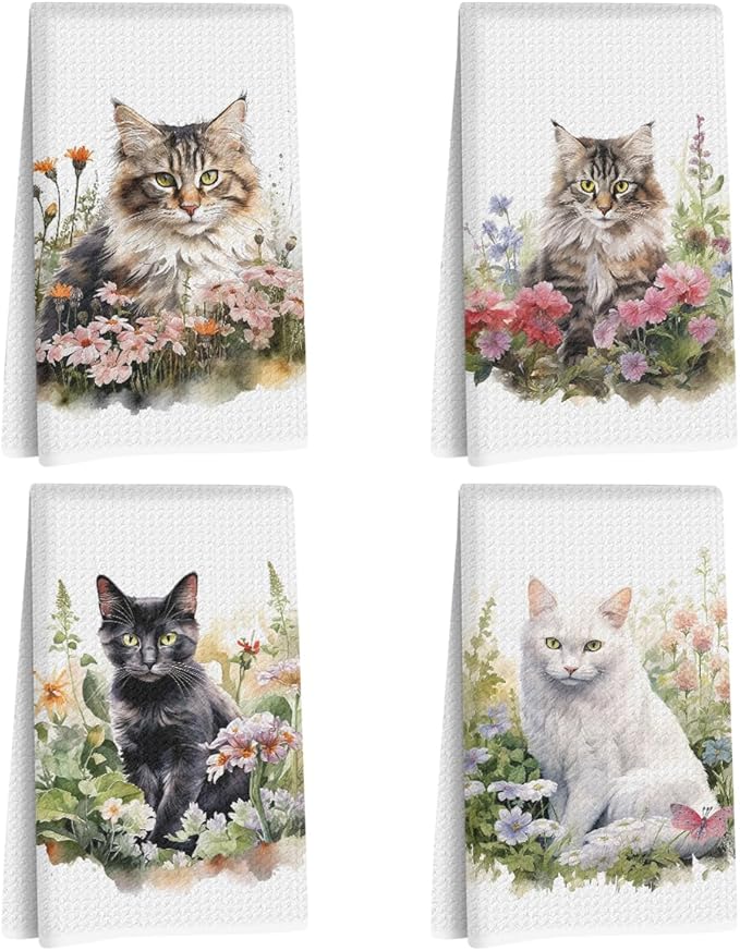 4 Pcs Watercolor Cat Kitchen Towels, Pastoral Flower Decorative Absorbent Microfiber Dish Cloth Tea Towel, Waffle Soft Hand Towels for Farmhouse Home Bathroom Kitchen Decor, Cat Lover Gifts for Women