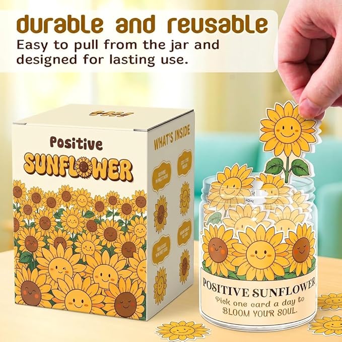 DEARMINE Positive Sunflower Jar with 60 Daily Affirmation Cards, Emotional Support Gift, Sunflower Gifts for Women, Birthday or Get Well Gifts