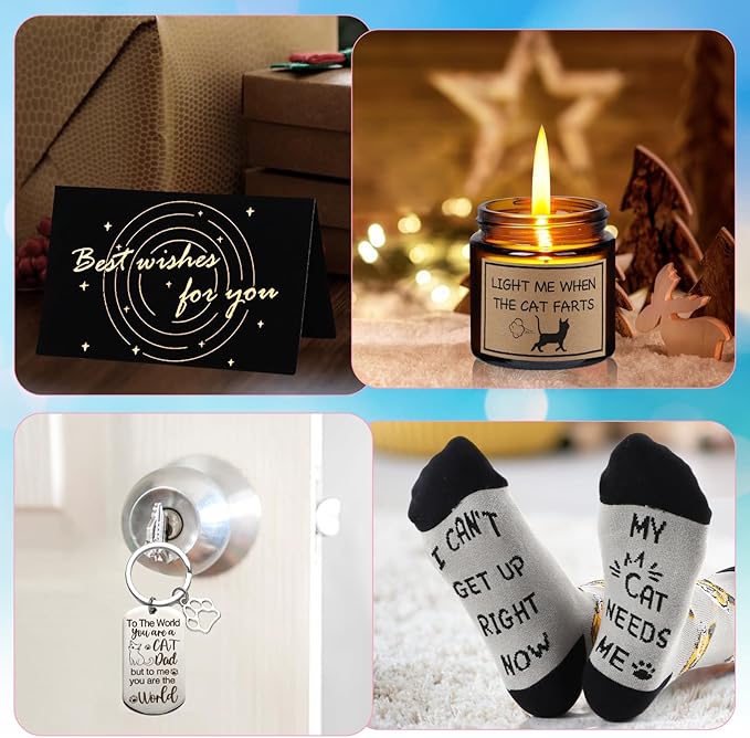14 Pieces Cat Dad Gifts for Dad Best Cat Dad Ever for Men, for Men Including Whiskey Set Socks Keychain Hat Bottle Opener Greeting Cards Sented Candle