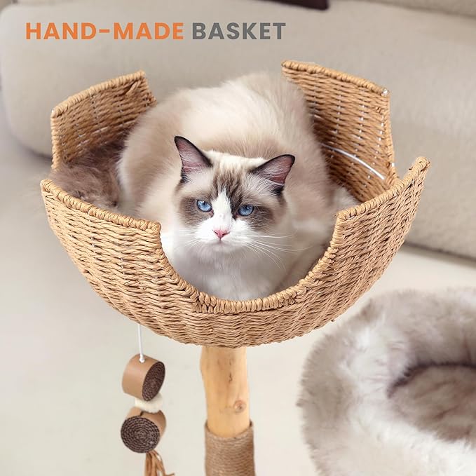 PEGIC Cat Tree Tower for Cats with Two Real Branches, 44 Inch Wood Modern Cat Tower with Luxury Cat Condo, Cat Scratching Post, Jumping Platforms, Cat Furniture (Long Plush)