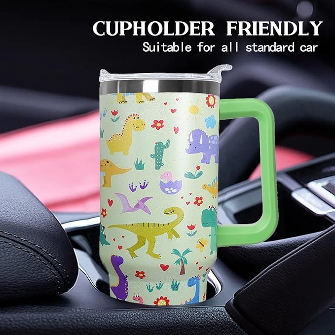 Stainless Steel Dinosaur Tumbler - 40 oz, Coffee Travel Mug with Lid and Straw, Perfect Dinosaur Gifts for Women